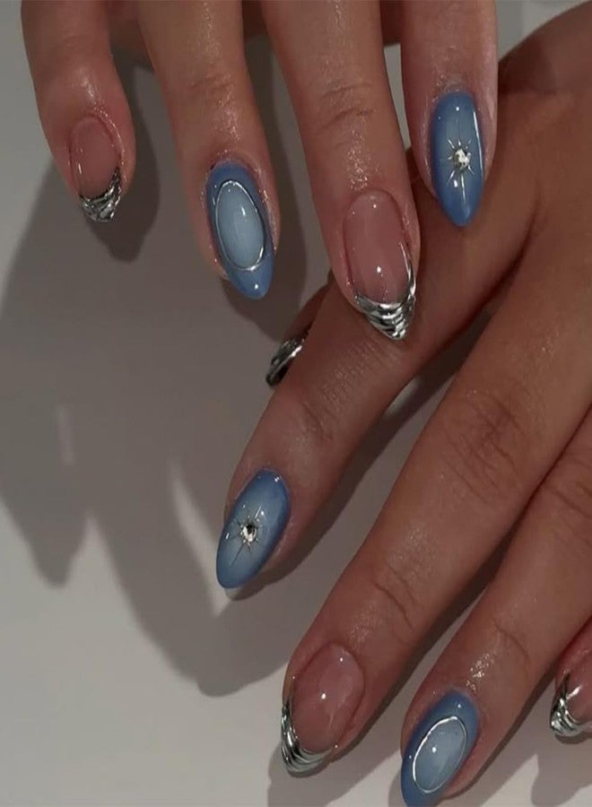 OSTTMA 24Pcs Almond Press on Nails Short Fake Nails with Star Designs Gradient Blue Acrylic Nail Silver French Tip Glue on Nail with Rhinestones Metallic Style 3D Nails Press ons False Nails for Women - Image 2